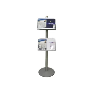 Free Standing Double Sided Indoor Brochure Display Stand Four Magazine and Booklet Metal Tray Holders