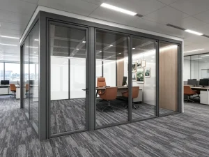 Free Standing Office Partitions Cubicles With Aluminum Frame Modern Wood Accent Design Office Partition Solution