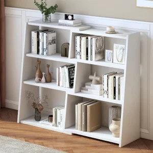 Freestanding 6 Compartment Solid Wood Modern Storage Shelf Space Saving Ladder Bookcase Eco Friendly School Display Organizer