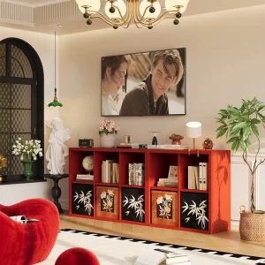 Freestanding Red Steel Storage Cabinet DIY Assembly Open and Closed Compartments