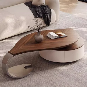 French Antique Leaf Shape Solid Wood Coffee Table with Walnut Veneer for Living Room Home Furniture