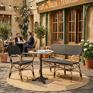 French Bistro Outdoor PE Rattan Woven Natural Rattan Frame Patio Chair and Bench Romantic Garden Seating for Paris Cafe Terrace