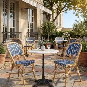 French Bistro Set Outdoor PE Rattan Woven Chair Marble Top Round Table Dining Villa Furniture Modern Design