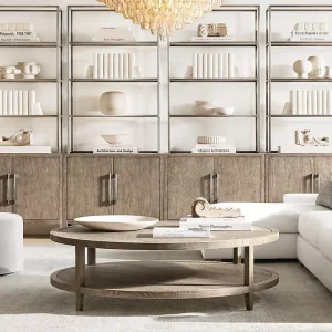 French Contemporary Round Coffee Table Scandinavian Two Tier Design Light Wood Finish MDF Wood Panel for Living Room Tea Time