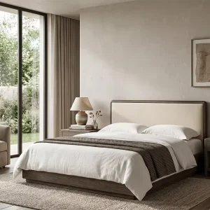 French Country Luxury Bed Set CIRO Fabric Panel Bed Solid Frame King Queen Size Upholstered Footboard for Villa Hotel Bedroom