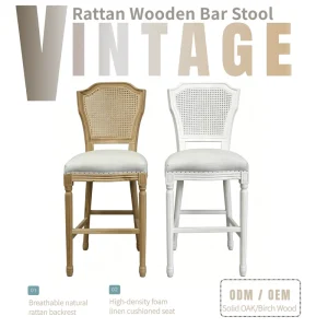 French Country Solid Oak Bar Stool Hand Woven Rattan Back Linen Cushion Counter Height Bar Chair With Nailhead Trim