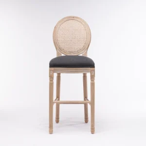 French Country Style Dark Grey Solid Wood Bar Chairs with Rattan Back and Upholstered Seating for Kitchen & Dining