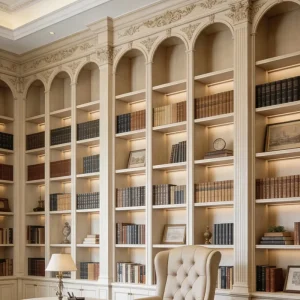 French Cream Style Full-Wall Arched Bookshelf Carved Wooden Extra-Large Corner Storage Cabinet Luxury Villa Feature Wall Cabinet