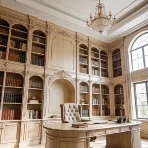 French Cream Style Full-Wall Bookshelf Solid Wood Carved Corner Storage Cabinet Arch Design Background Cabinet for Study Room