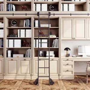 French Cream Style Multi Tier Library Furniture Bookcase with Library Ladder Living Room Wooden Library Wall Bookcase Shelf
