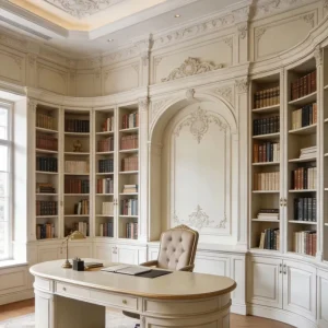 French Cream White Curved Full wall Bookshelf Solid Wood Carved Open Display Cabinet Extra Large Minimalist Storage Cabinet