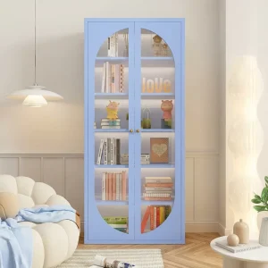 French Design 2 Door Adjustable Height Modern Metal Bookshelf with 6 Shelves for Apartment Living Room Home Office Furniture
