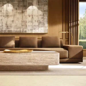 French Design Modern Stone Coffee Table Carved Travertine Top Sculpted Base Durable Living Room Furniture for Home