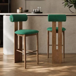 French Green Velvet Seat Bar Stool with Solid Wood Legs for Kitchen Island and Coffee Shop