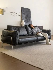 French Medieval Bauhaus Hammer Genuine Leather Two Seat Sofa Metal Legs High-end Straight Row Eco-Friendly Convertible for Hotel