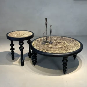 French Midcentury Modern Carved Solid Wood Coffee Table Set Round with Glass Overlay Eco Friendly