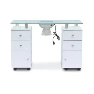 French Modern Style Beauty Salon Furniture Glass Top Portable High Gross Spa White Nail Station Manicure Table With Fan