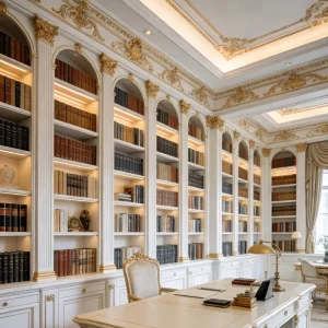 French Palace Style Full wall Arched L shaped Bookshelf Solid Wood Carved Open Background Cabinet for Living Room Customization