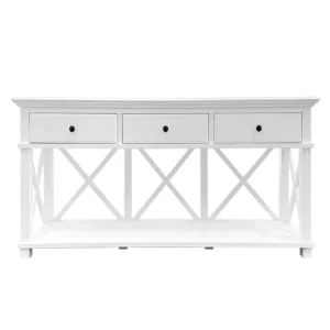 French Provincial White Console Table with 3 Drawers and X Brace Shelf Entryway Hallway Hotel Living OEM Custom