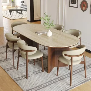 French Retro 6-Seater Dining Room Table Set Nordic Modern Wood Furniture Walnut Finish Home Antiqued Restaurant Dinner Table