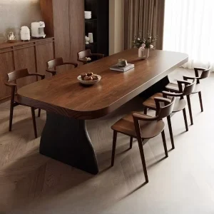 French Retro Color-blocked Solid Wood Large Multifunctional Rounded Corners Nordic Mid-century Restaurant Dining Table 6-Seater