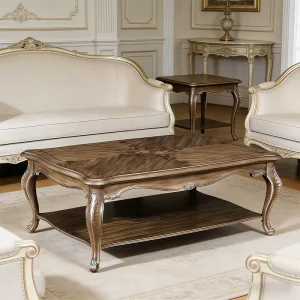 French Retro Style Handmade Solid Wood Veneer Top Home Coffee Table Custom Wooden Center Table for the Living Room