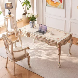 French Rococo Office Desk Set Hand Painted Solid Wood Writing Desk & Chair Luxury European Style Computer Table
