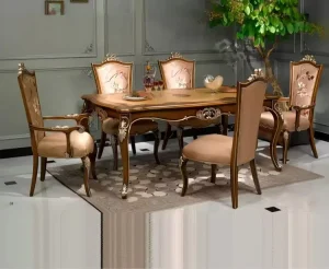 French Solid Wood Dining Table Set with 6 Chairs Antique Hand Carved Gold Foil Dining Table for Home Restaurant Custom Supported