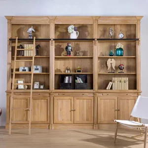 French Style Log Library Bookshelf with Ladder Living Room Wooden Wall Bookcase Shelf