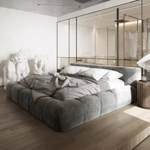 French Style Tatami Double Velvet Bed Floor Upholstered King Size Wooden Bed Frame Hotel Bedroom Furniture