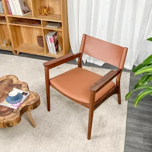 French Style Upholstered Lounge Chair Solid Wood With Pu Leather Curved Back Bedroom Waiting Room Chairs