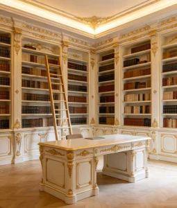 French Style Vintage Full Wall Bookshelf Library Rack Bookcase with Library Ladder Large Capacity Bookshelf