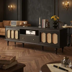 French Vintage Mid-Century Black Fluted Trim Solid Wood Eco-Friendly Durable Media Console TV Stand Cabinet Doors Drawer Audio