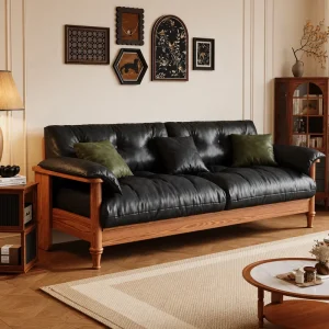 French Vintage Solid Wood Leather Sofa Luxury Mid Century Living Room Couch Faux Leather Custom Home Hotel Lounge Sofa
