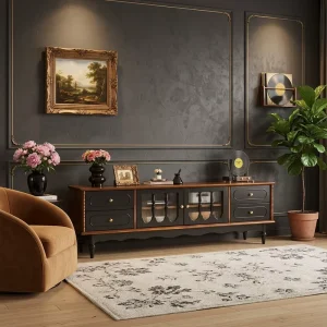 French Vintage Two Tone Walnut Media Console TV Stand 4 Storage Drawers Double Cabinets Eco Friendly Durable Multi Functional