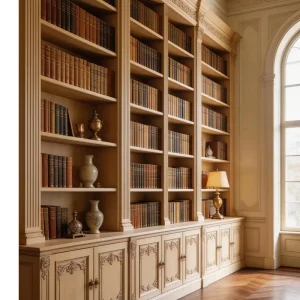 French Wabi Sabi Floor to Ceiling Book Cabinet Solid Wood Carved Library Bookshelf Open Storage Background Cabinet custom