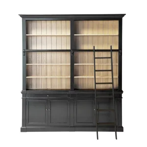French-style Vintage Living Room Solid Oak Bookcase with Ladder Wooden Bookshelf for Displaying Books