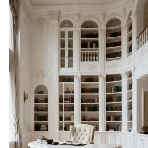 French style full wall bookcase in pure white solid wood carved floor to ceiling library book cabinet villa study furniture