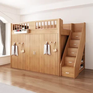 Full Over Wardrobe Girls Stairs Storage Modern Solid Wood Children’s Kids Bunk Bed with Desk