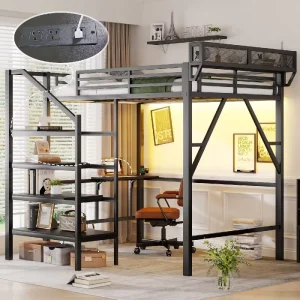 Full Size Modern Dormitory Bed with Metal Frame Foldable Desk Charging Station Light Strip Staircase Storage for Bedroom Use