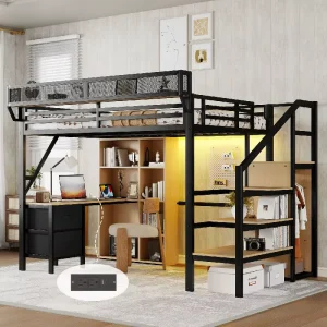Full Size Modern Metal Loft Bed Desk Charging Station 7 Storage Shelves LED Light Black Bedroom Dormitory School Apartment Kids