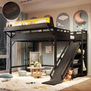 Full Size Modern School Metal Loft Bed Frame with Slide Wardrobe Storage Shelves USB Charging LED Light Pegboard Heavy Duty Space