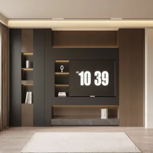 Full Wall Built in TV Unit LED Shelves Custom Wood Dark Grey Media Wall Cabinet Farmhouse Minimalist Design Fits 60-64 TVs