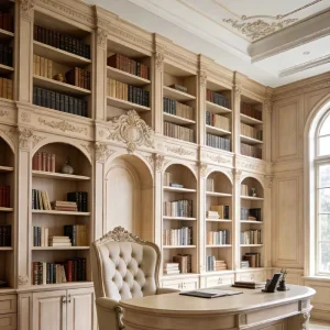 Full Wall French Cream Style Bookshelf bookcase carved Solid Wood Open Storage Cabinet for Study Room custom bookcase