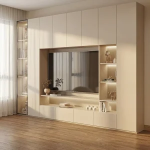 Full Wall Integrated TV Cabinet with Open Display Shelves and Drawers Farmhouse Living Room Modern Minimalist Media Console