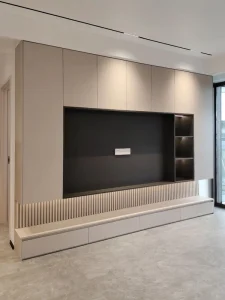 Full Wall TV Cabinet OEM ODM Custom Vertical Fluted Panel LED Lit Niche Living Room Storage Unit for Project
