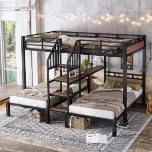 Full XL Size Over Twin Triple Metal Bunk Bed Frame Storage Stairs Shelves Modern Heavy Duty Space Saving Dormitory Apartment OEM