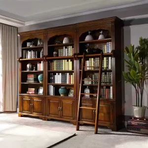 Full wall bookshelf in vintage walnut finish bookcase with library ladder library furniture bookshelf for home office room