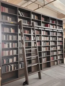 Full wall cabinet in vintage dark wood tone living room wooden library wall bookcase shelf library wooden book shelves
