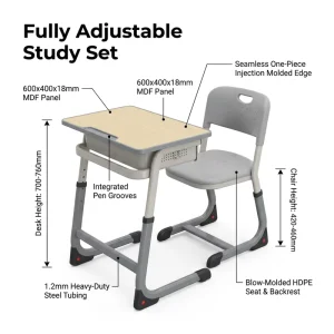 Fully Adjustable Ergonomic School Study Set Heavy Duty Steel Frame Seamless ABS Student Desk & Chair for Global School Projects